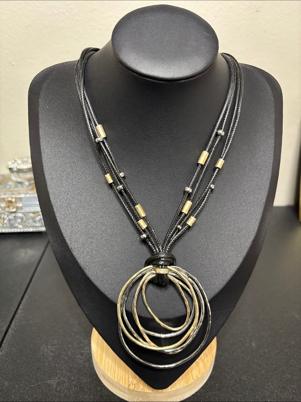 Chico’s Black Cord Silver Gold Layered Ring Pendant Necklace Statement